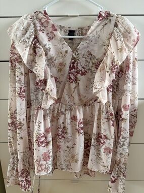 Floral Ruffle V-Neck Blouse - Pink Cream
